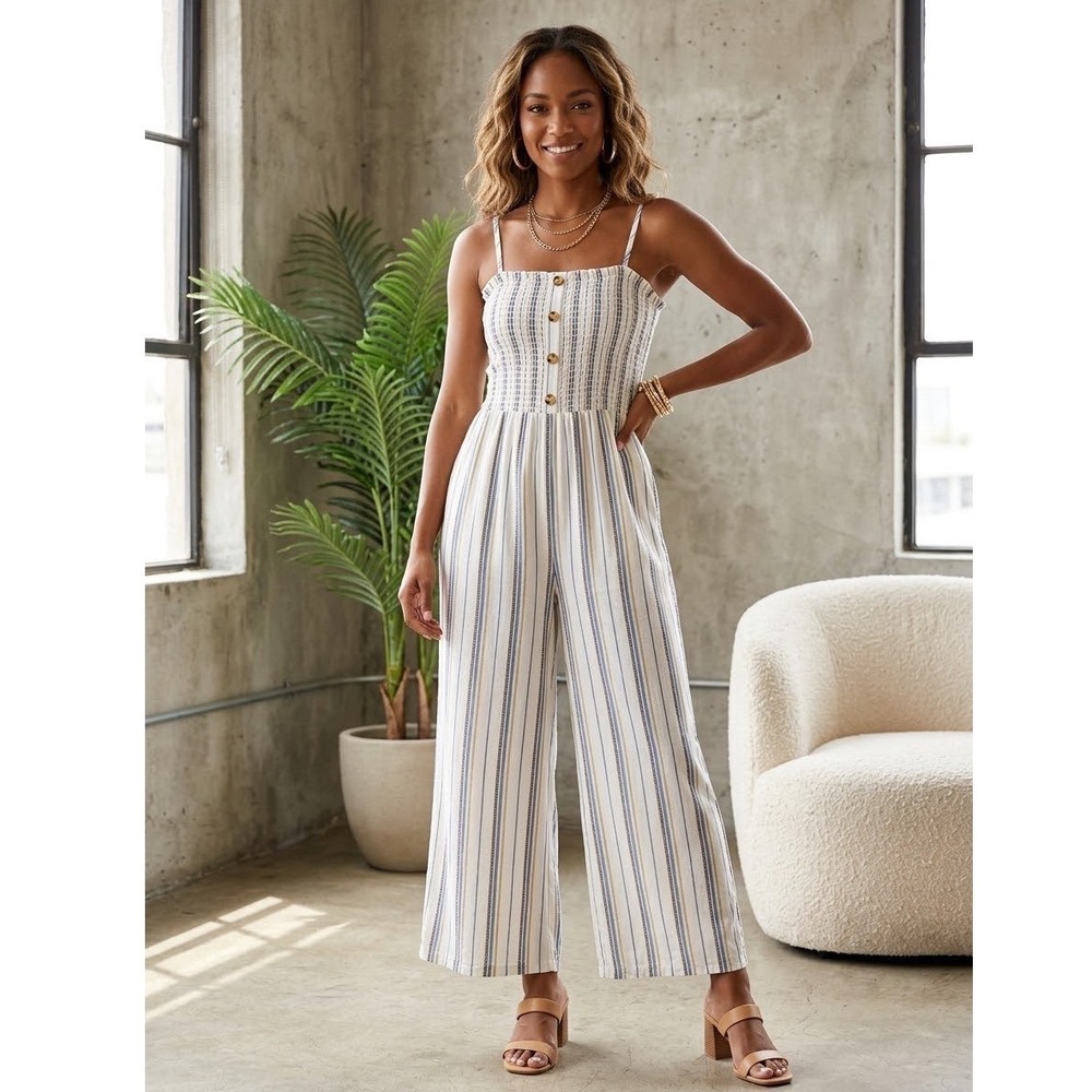 Lumiere Jumpsuit Women M White Striped Smocked Bodice Sleeveless Wide Leg